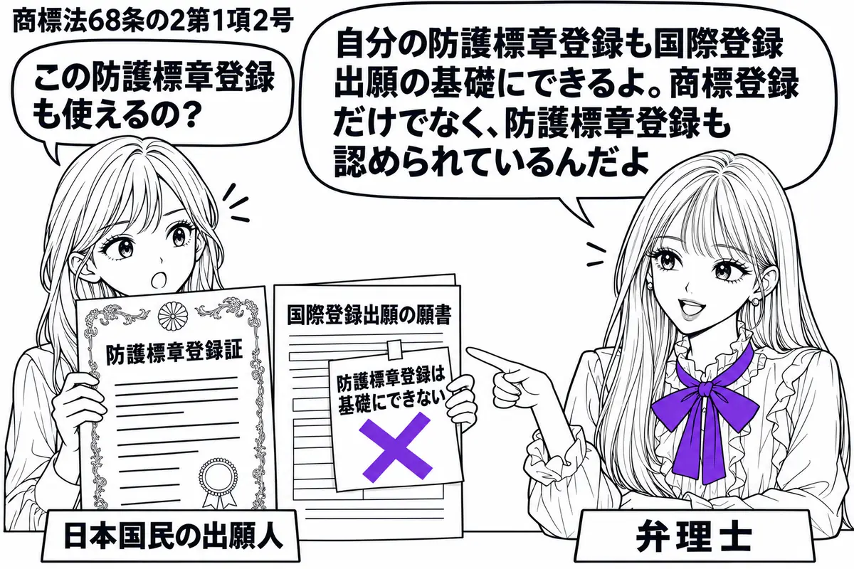 先生が弁理士役(札「弁理士」)で右の机。左の女性(札「日本国民の出願人」)が自分の防護標章登録証と国際登録出願の願書を並べる。願書に貼った「防護標章登録は基礎にできない」の付箋にヴァイオレットの×印を付け、先生が登録証を指す。先生の吹き出し