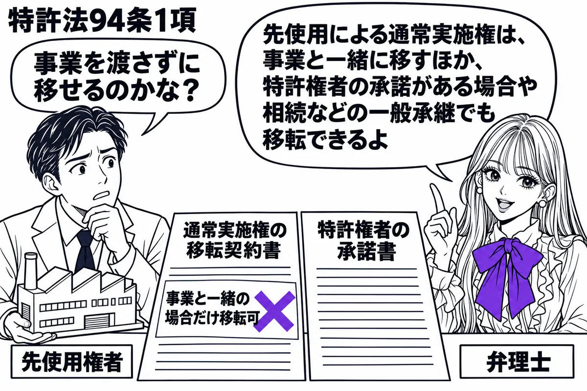 先生が机の右に立つ弁理士役(札「弁理士」)。左の男性(札「先使用権者」)が工場の模型を手元に残し、通常実施権の移転契約書と特許権者の承諾書を並べる。契約書の付箋「事業と一緒の場合だけ移転可」にヴァイオレットの×印。先生の吹き出し「先使用によ