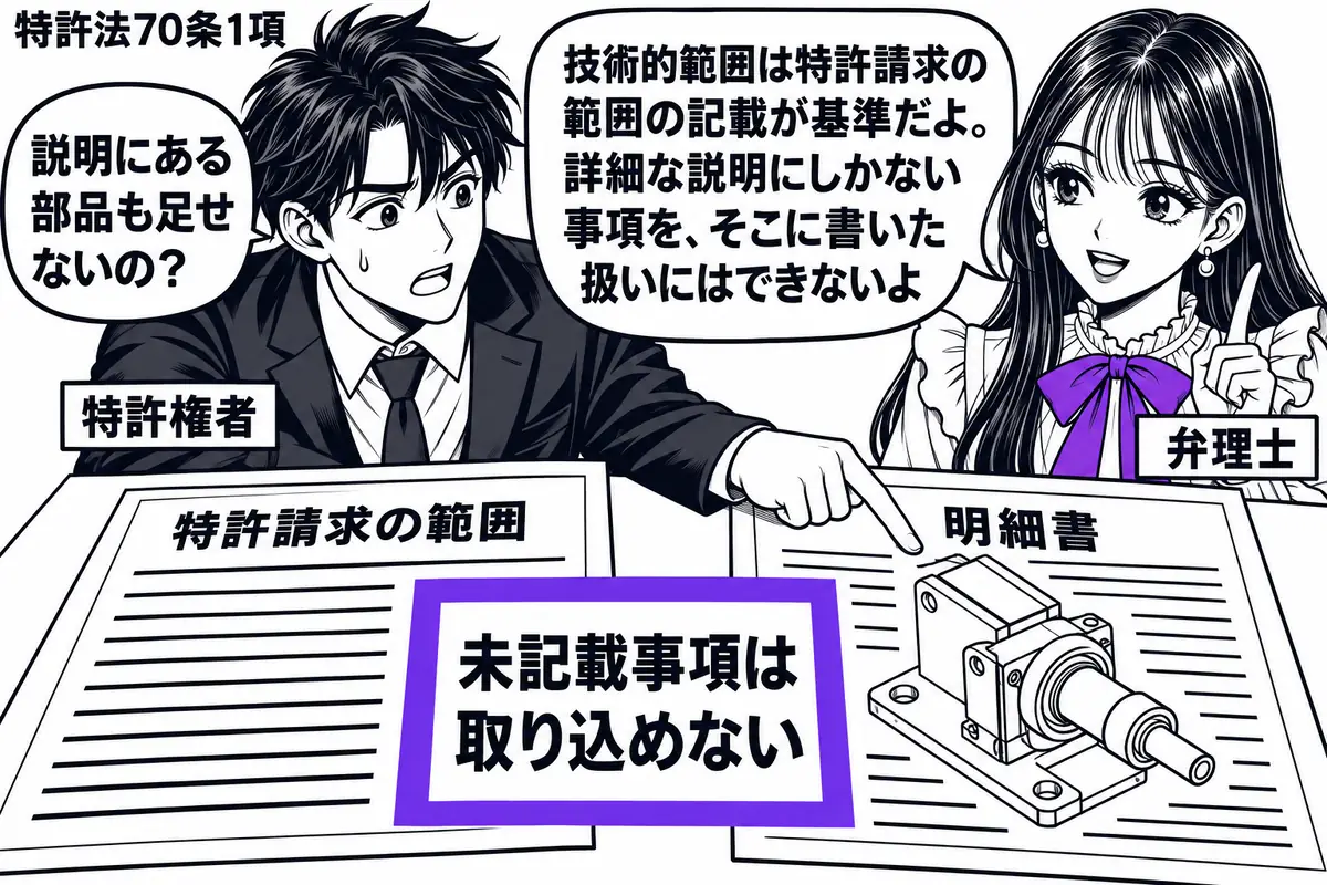 先生が右の机にいる弁理士役(札「弁理士」)。左の男性(札「特許権者」)が明細書だけに描かれた部品を指している。机には特許請求の範囲と明細書を並べ、両者の間の「未記載事項は取り込めない」の付箋をヴァイオレットの枠で囲む。先生の吹き出し「技術的
