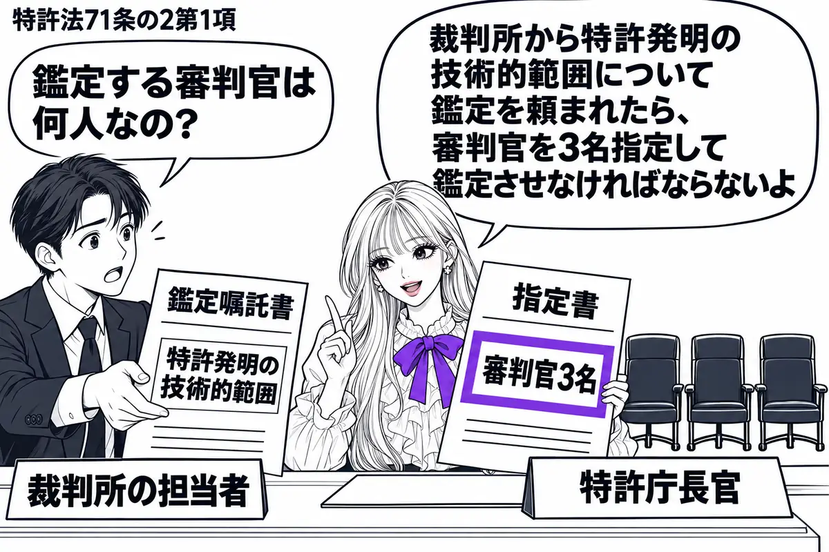 先生が右の執務机にいる長官役(札「特許庁長官」)。左の男性(札「裁判所の担当者」)が技術的範囲についての鑑定嘱託書を差し出している。机の奥には空席を三つ置き、先生の持つ指定書の「審判官3名」の欄をヴァイオレットの枠で囲む。先生の吹き出し「裁