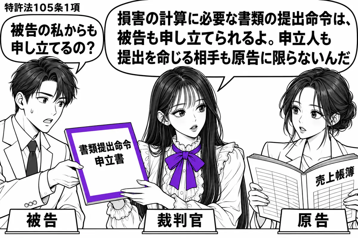 先生が法廷の中央に座る役(札「裁判官」)。左に男性(札「被告」)、右に女性(札「原告」)が立ち、女性の手元には売上帳簿。男性が差し出す「書類提出命令申立書」をヴァイオレットの枠で囲む。先生は申立書を受け取り帳簿を見る。先生の吹き出し「損害の