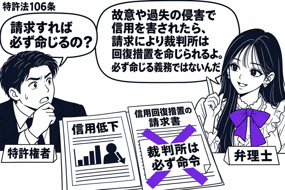 先生が法廷の右で説明する役(札「弁理士」)。左の男性(札「特許権者」)が、侵害による信用低下を示す資料と信用回復措置の請求書を机に置く。請求書に貼った「裁判所は必ず命令」の付箋にヴァイオレットの×印。先生の吹き出し「故意や過失の侵害で信用を
