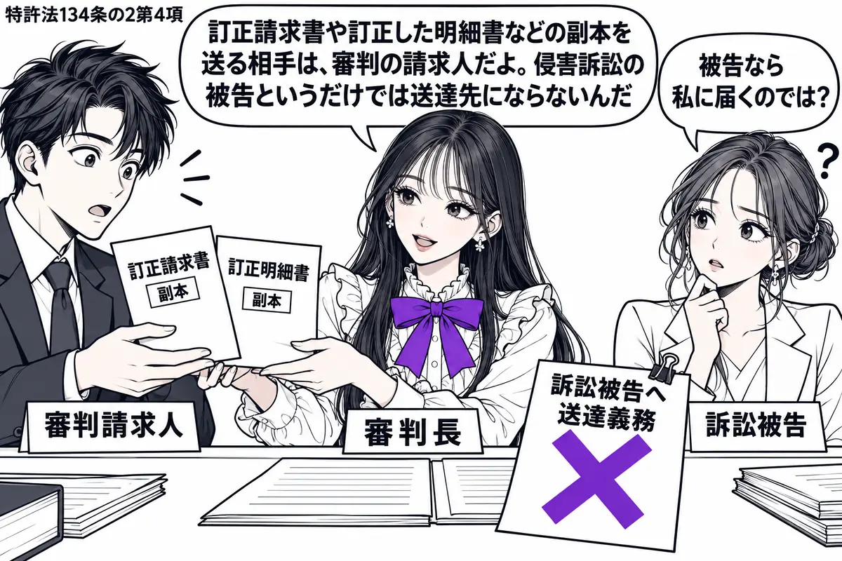 先生が送達を扱う机の中央にいる役（札「審判長」）。左に男性（札「審判請求人」）、右に女性（札「訴訟被告」）。先生は訂正請求書と訂正明細書の副本を左へ渡す。机の付箋「訴訟被告へ送達義務」にヴァイオレットの×印。先生の吹き出し「訂正請求書や訂正