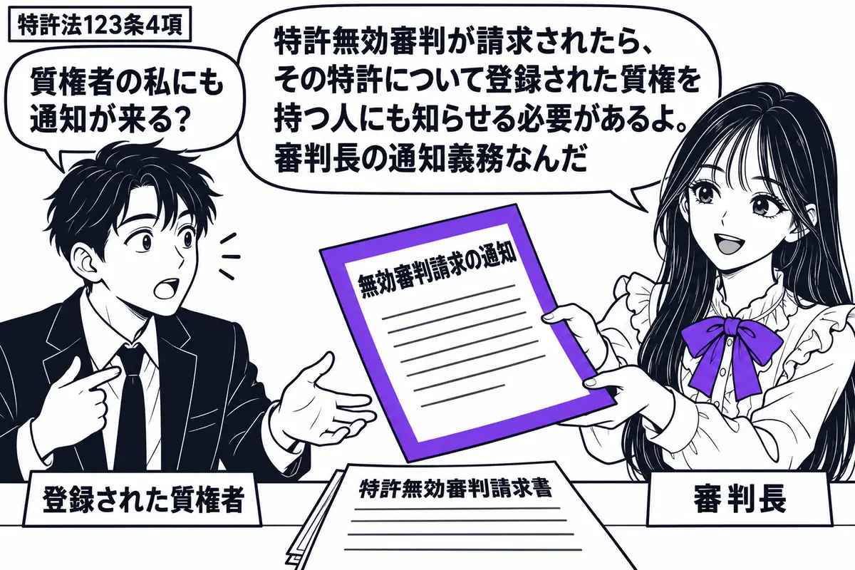 先生が机の右で通知を渡す役（札「審判長」）。左に男性（札「登録された質権者」）、中央に特許無効審判の請求書。先生が男性へ差し出す「無効審判請求の通知」をヴァイオレットの枠で囲む。男性は自分を指して受け取ろうとしている。先生の吹き出し「特許無