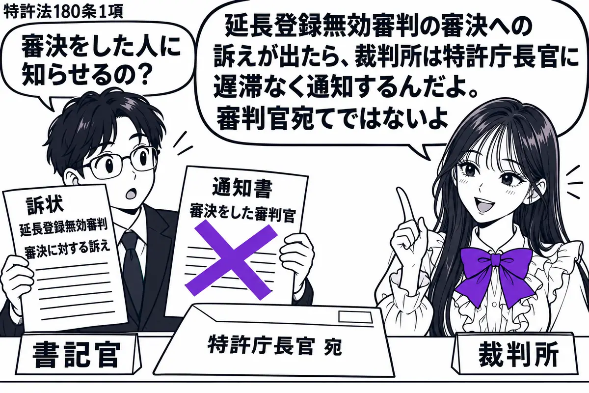 先生が裁判所の担当者役（札「裁判所」）で机の右。左の男性（札「書記官」）が延長登録無効審判の審決に対する訴状と通知書を持つ。通知書の宛先案「審決をした審判官」に大きなヴァイオレットの×印を付け、机には長官宛ての封筒を置く。先生の吹き出し「延