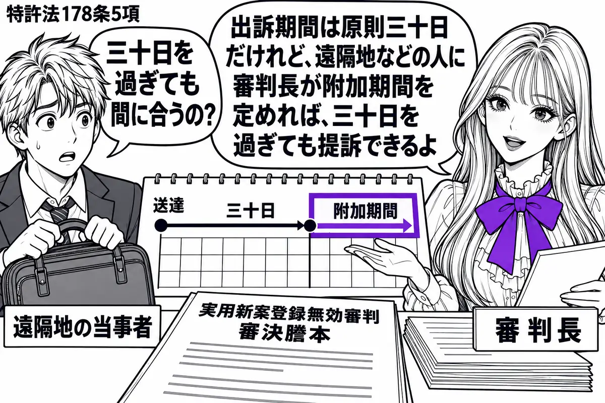 先生が審判長役(札「審判長」)で右。左に旅かばんを持つ男性(札「遠隔地の当事者」)。机に実用新案登録無効審判の審決謄本とカレンダーを置き、送達後三十日の先に続く「附加期間」の帯をヴァイオレットの枠で囲む。先生の吹き出し「出訴期間は原則三十日