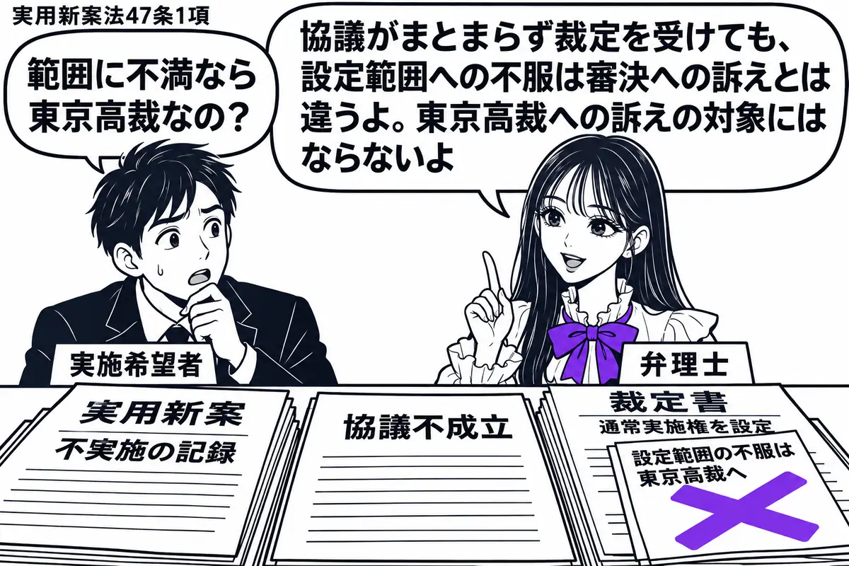 先生が弁理士役(札「弁理士」)で机の右。左に男性(札「実施希望者」)、机に実用新案の不実施を示す記録、協議不成立の書類と通常実施権を設定する裁定書。裁定書に貼った「設定範囲の不服は東京高裁へ」の付箋に大きなヴァイオレットの×印。先生の吹き出