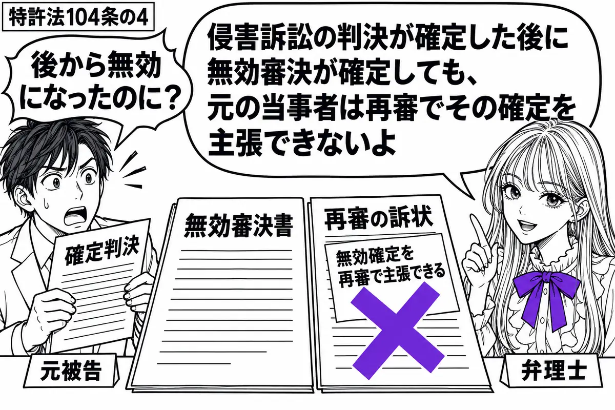 先生が机の右で弁理士役(札「弁理士」)。左に確定判決を持つ男性(札「元被告」)。机に無効審決書と再審の訴状を並べ、訴状の付箋「無効確定を再審で主張できる」に大きなヴァイオレットの×印。先生の吹き出し「侵害訴訟の判決が確定した後に無効審決が確
