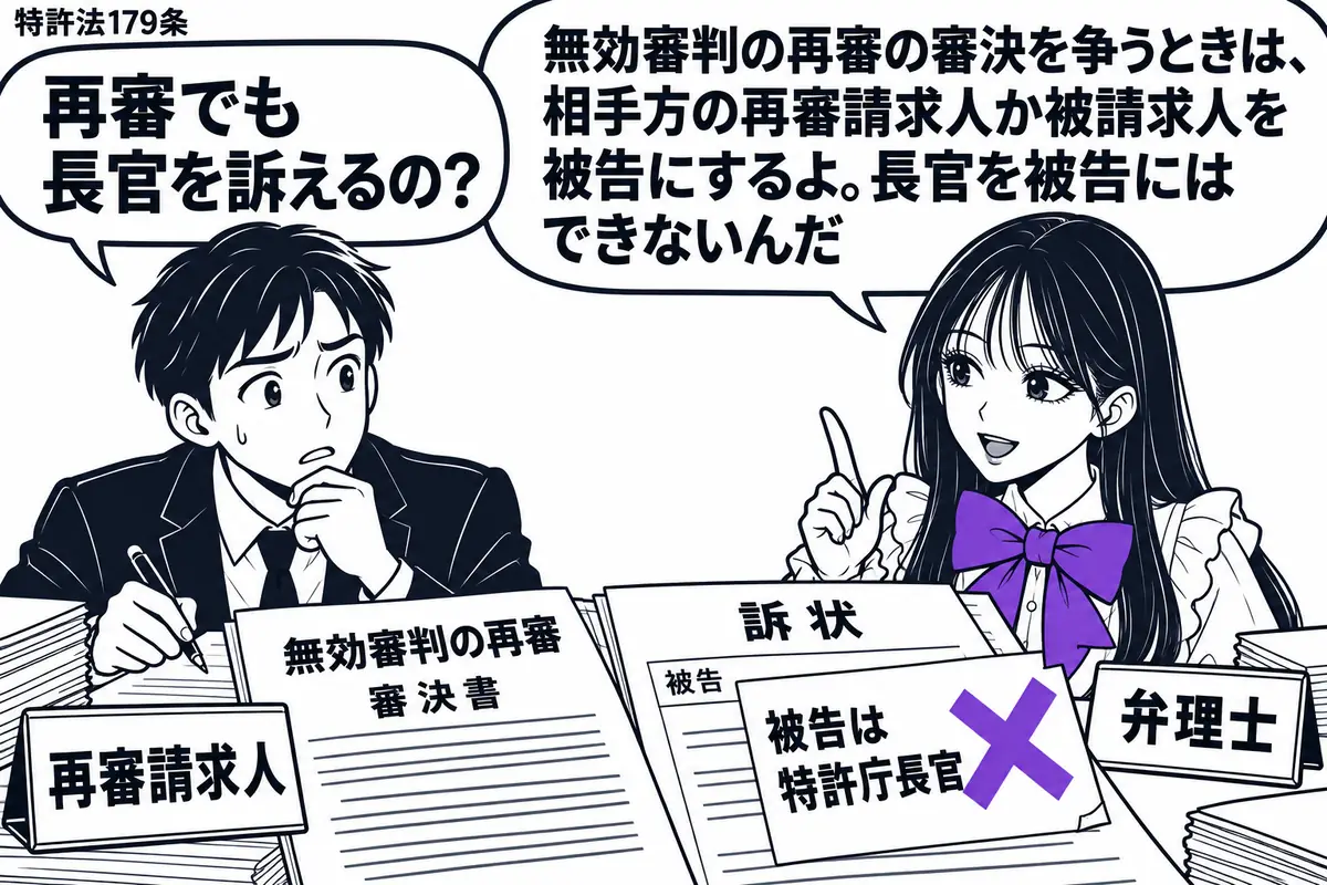 先生が右側の相談席に座る弁理士役（札「弁理士」）。左の男性（札「再審請求人」）が無効審判の再審の審決書と訴状を広げる。訴状に貼った「被告は特許庁長官」の付箋にヴァイオレットの×印。男性は被告欄の前でペンを止める。先生の吹き出し「無効審判の再