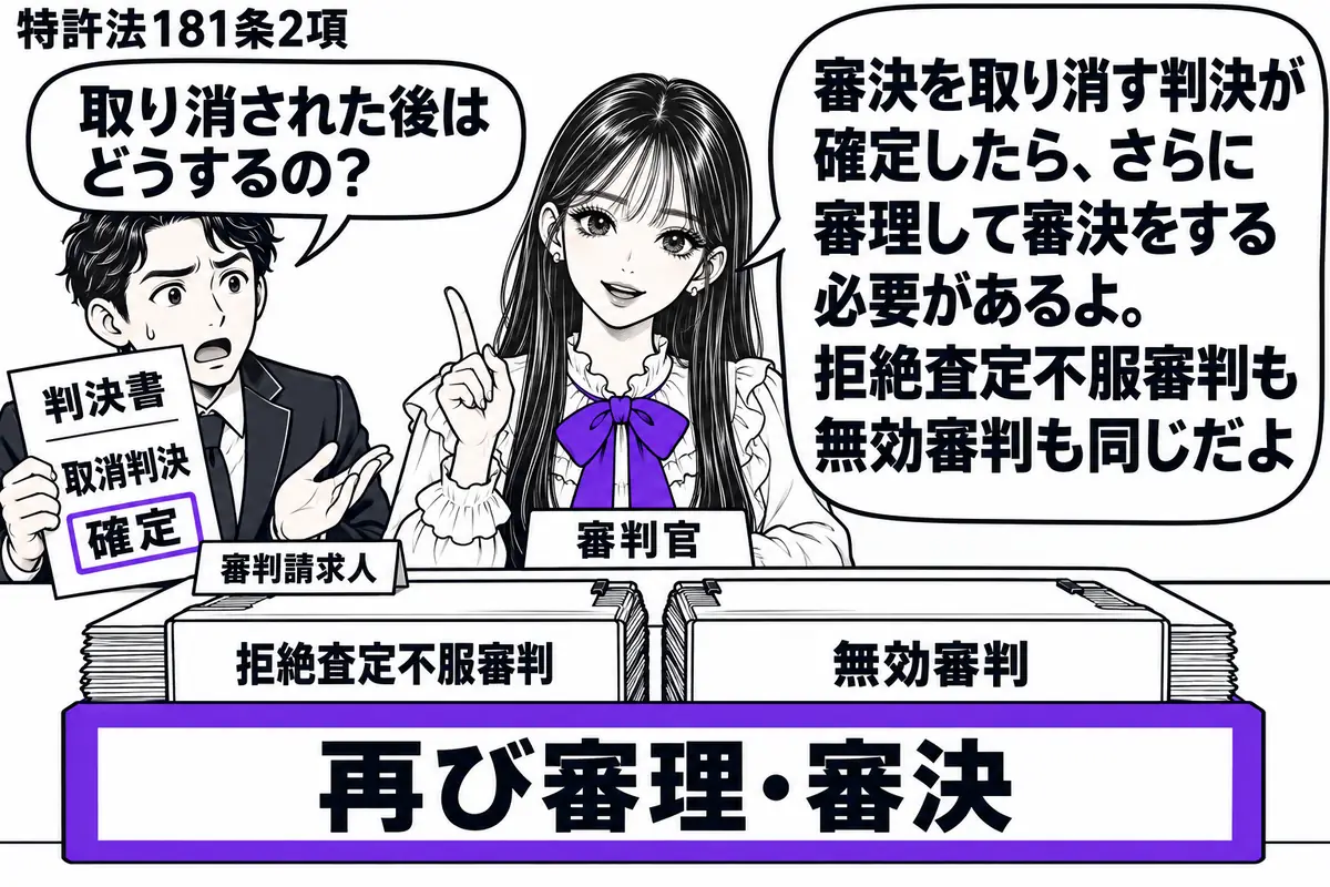 先生が中央の審判席に座る審判官役（札「審判官」）。左の男性（札「審判請求人」）が取消判決の確定を示す判決書を持つ。机には拒絶査定不服審判と無効審判の二冊の記録。両方にまたがる「再び審理・審決」の札をヴァイオレットの枠で囲む。先生の吹き出し「
