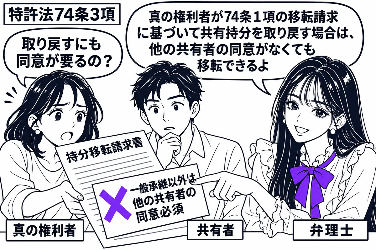 先生が弁理士役(札「弁理士」)で右側。左に女性(札「真の権利者」)、中央に男性(札「共有者」)。机の「持分移転請求書」に付いた「一般承継以外は他の共有者の同意必須」の付箋に大きなヴァイオレットの×印。先生は女性が差し出す請求書を指す。先生の