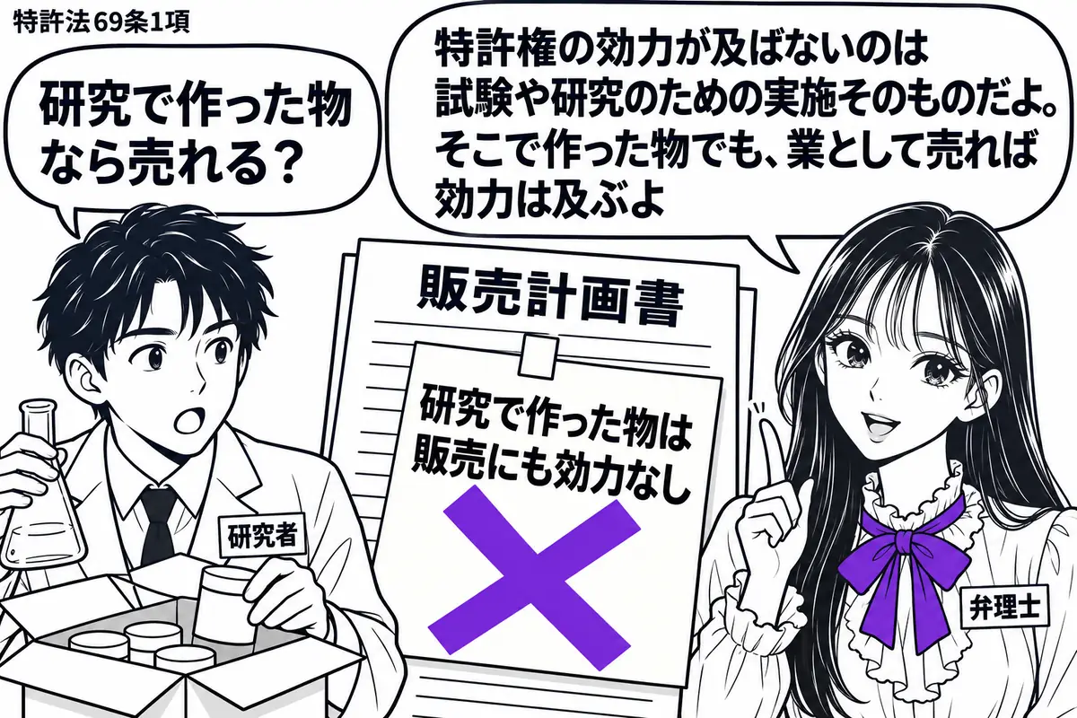 先生が弁理士役(札「弁理士」)で右側。左に白衣の男性(札「研究者」)が、実験器具の横から完成品を販売用の箱へ詰めている。中央の「販売計画書」に付いた「研究で作った物は販売にも効力なし」の付箋に大きなヴァイオレットの×印。先生の吹き出し「特許