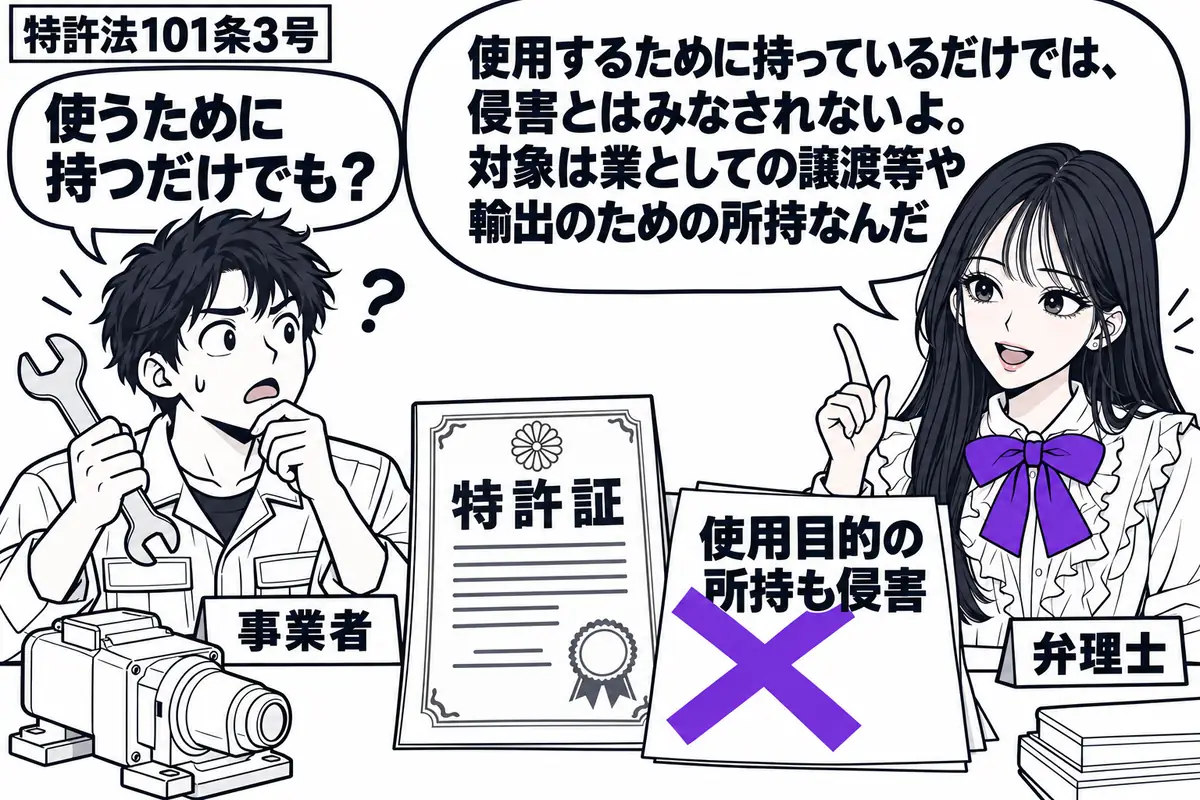 先生が右の相談机で弁理士役(札「弁理士」)。左に工具を持つ男性(札「事業者」)、足元に使用待ちの特許製品を置く。机の「特許証」の横に「使用目的の所持も侵害」と書いた付箋があり、そこに大きなヴァイオレットの×印。先生の吹き出し「使用するために