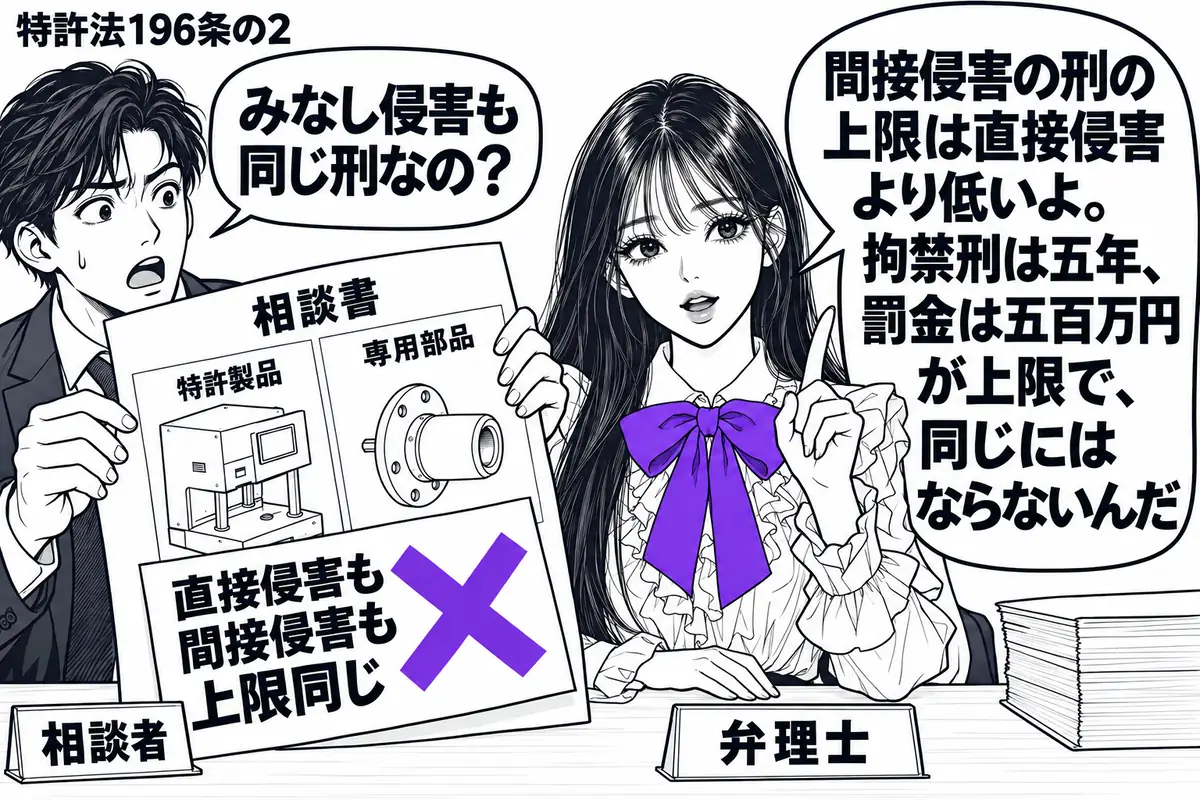 先生が中央の机で弁理士役（札「弁理士」）。左の男性（札「相談者」）が、特許製品と専用部品の絵を並べた相談書を広げる。相談書に貼った「直接侵害も間接侵害も上限同じ」の付箋に、ヴァイオレットの×印。先生の吹き出し「間接侵害の刑の上限は直接侵害よ
