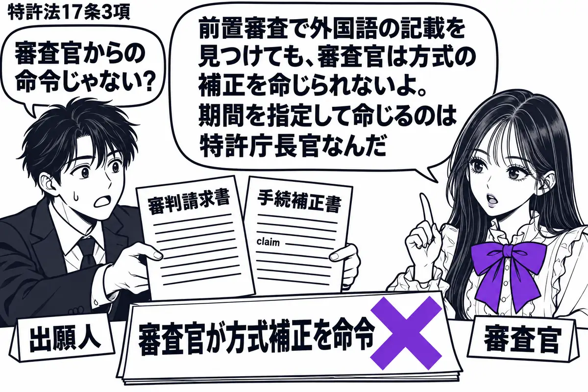 先生が右の机で審査官役(札「審査官」)。左の男性(札「出願人」)が「審判請求書」と、一部に外国語が残る「手続補正書」を同時に差し出す。机の「審査官が方式補正を命令」という付箋にヴァイオレットの×印。先生の吹き出し「前置審査で外国語の記載を見