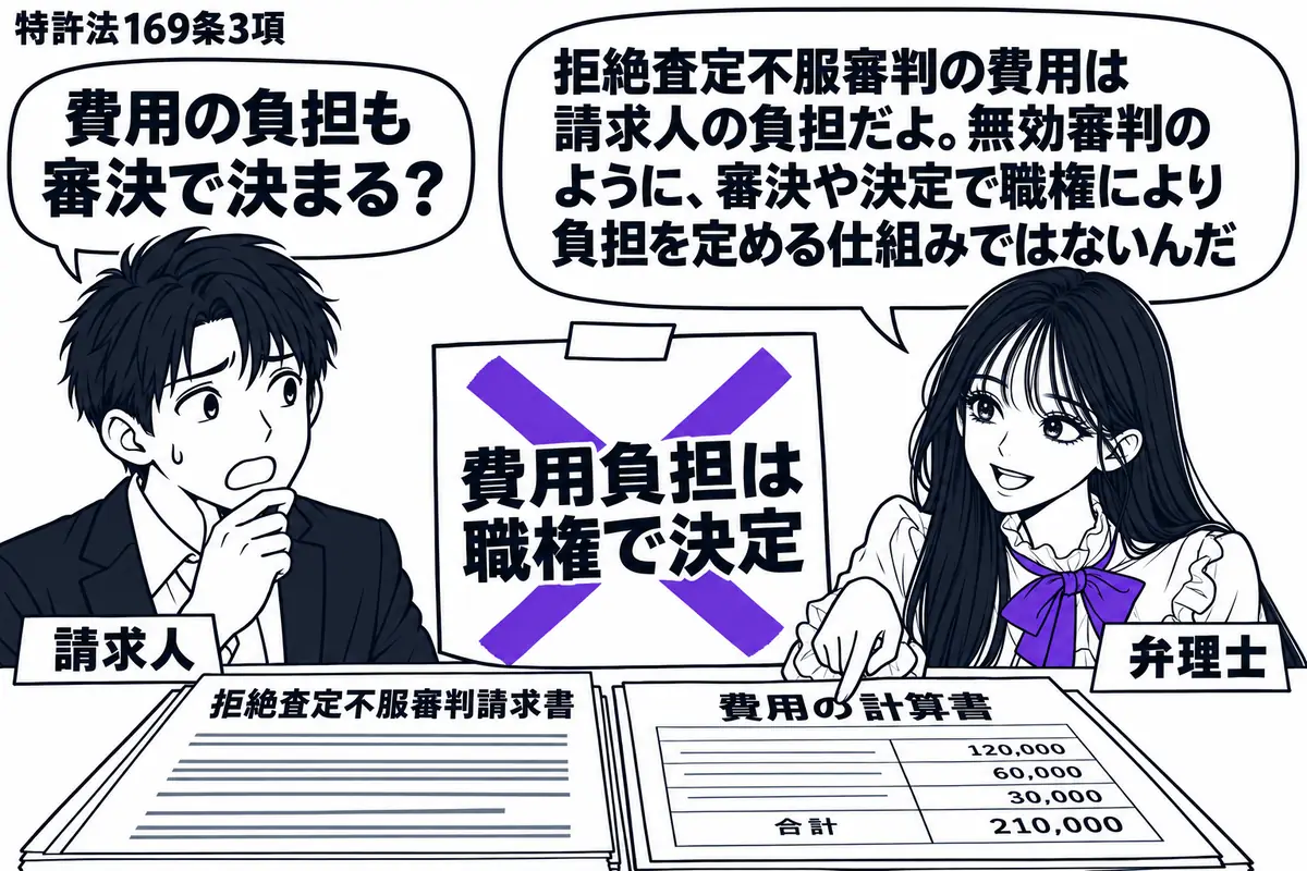 先生が右の机で弁理士役（札「弁理士」）。左の男性（札「請求人」）が「拒絶査定不服審判請求書」と費用の計算書を並べる。「費用負担は職権で決定」の付箋にヴァイオレットの×印を付け、先生は請求人の手元の計算書を指す。先生の吹き出し「拒絶査定不服審