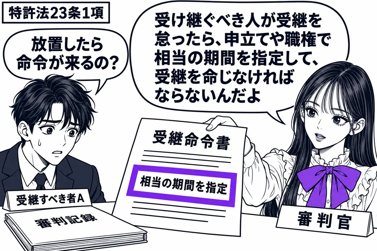 先生が右で審判官役(札「審判官」)。左の承継人(札「受継すべき者A」)が、机上で閉じたままの審判記録を見つめる。先生が受継命令書を差し出し、その「相当の期間を指定」の欄をヴァイオレットの枠で囲む。先生の吹き出し「受け継ぐべき人が受継を怠った
