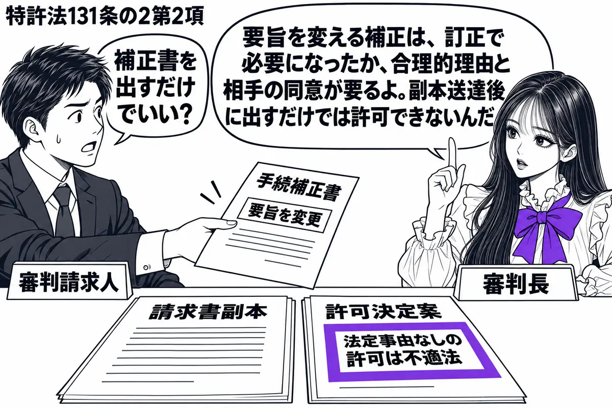 先生が審判長役（札「審判長」）で机の右側。左の男性（札「審判請求人」）が要旨を変える手続補正書を差し出す。机の請求書副本の隣に許可決定案を置き、付箋「法定事由なしの許可は不適法」をヴァイオレットの枠で囲む。先生の吹き出し「要旨を変える補正は