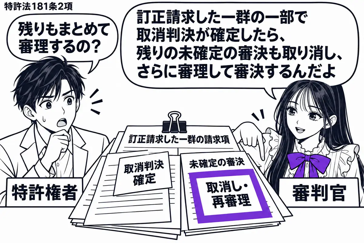 先生が机の右で審判官役（札「審判官」）。左の男性（札「特許権者」）の前に、訂正請求した一群の請求項を一つのクリップで束ねる。一部に「取消判決確定」の紙を重ね、残りの未確定の審決に付箋「取消し・再審理」を貼ってヴァイオレットの枠で囲む。先生の