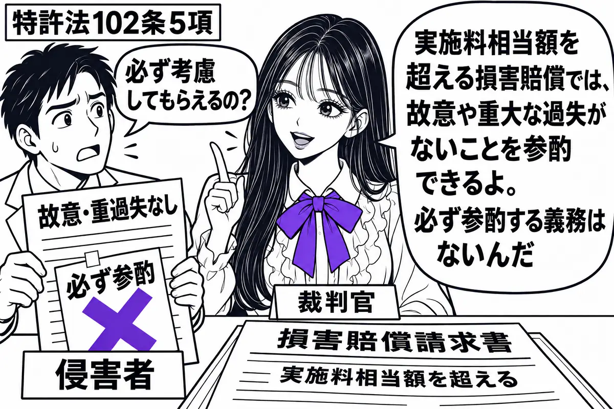 先生が法廷の中央で裁判官役(札「裁判官」)。左の男性(札「侵害者」)が「故意・重過失なし」の紙を示す。机には実施料相当額を超える「損害賠償請求書」があり、男性の紙に貼った付箋「必ず参酌」にヴァイオレットの×印。先生の吹き出し「実施料相当額を