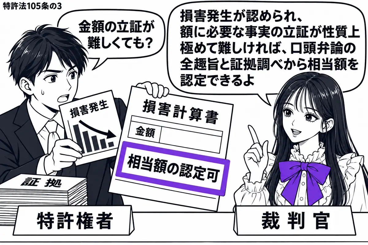 先生が法廷の右で裁判官役(札「裁判官」)。左の男性(札「特許権者」)が、損害発生を示す資料と金額欄が空いた「損害計算書」を差し出す。机に証拠の束を置き、計算書の付箋「相当額の認定可」をヴァイオレットの枠で囲む。先生の吹き出し「損害発生が認め