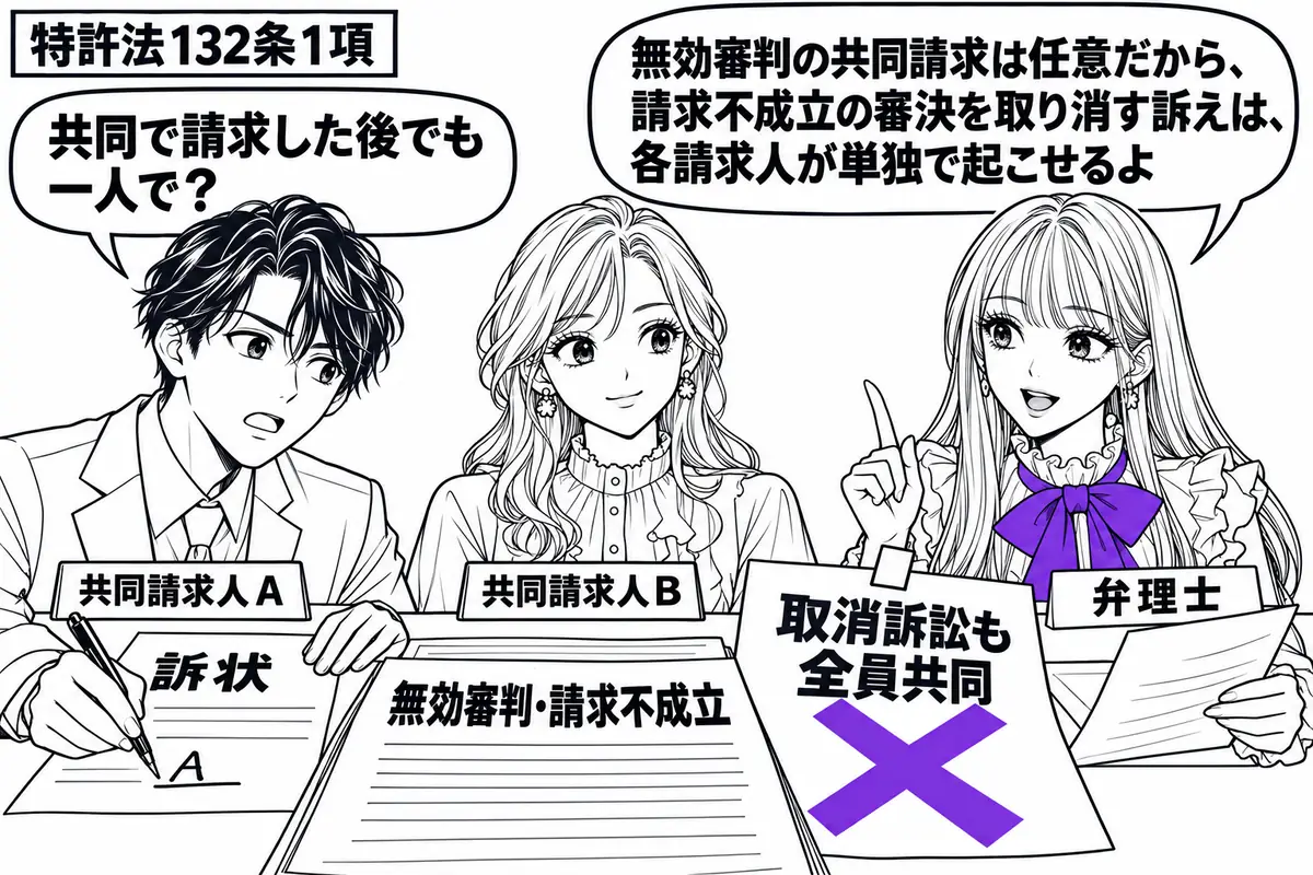 先生が右の机で訴状を見る弁理士役（札「弁理士」）。左に男性（札「共同請求人Ａ」）、奥に女性（札「共同請求人Ｂ」）。机に「無効審判・請求不成立」の審決書を置き、付箋「取消訴訟も全員共同」にヴァイオレットの×印。Ａだけが訴状に署名する。先生の吹