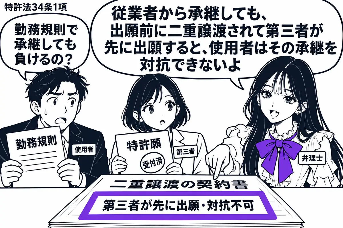 先生が右で説明する弁理士役(札「弁理士」)。左に勤務規則を持つ男性(札「使用者」)、中央に受付済みの特許願を持つ女性(札「第三者」)。机の二重譲渡の契約書に付箋「第三者が先に出願・対抗不可」を添え、ヴァイオレットの枠で囲む。先生の吹き出し「