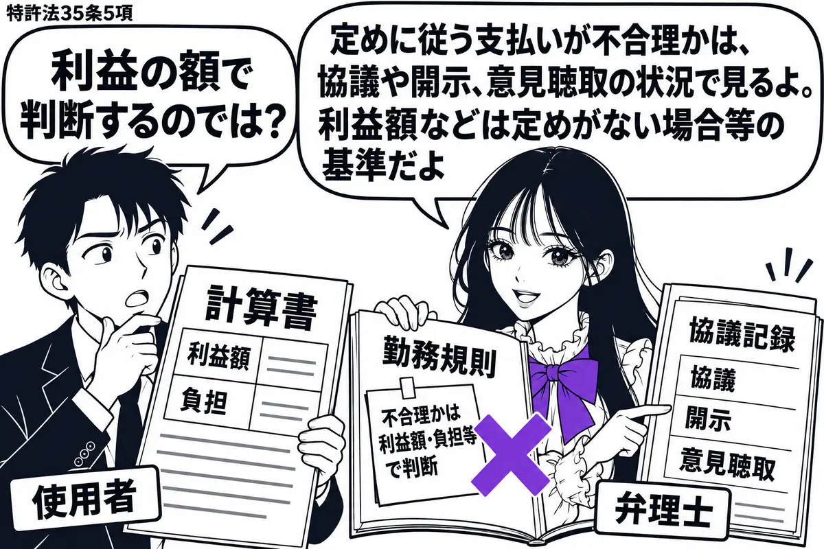 先生が右で勤務規則を開く弁理士役(札「弁理士」)。左の男性(札「使用者」)が利益額や負担を記した計算書を持つ。勤務規則の付箋「不合理かは利益額・負担等で判断」にヴァイオレットの×印を付け、先生は隣の協議記録を指す。先生の吹き出し「定めに従う