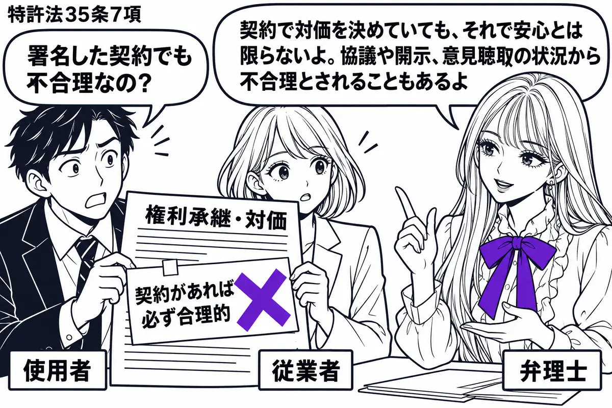 先生が右の相談机にいる弁理士役(札「弁理士」)。左の男性(札「使用者」)と中央の女性(札「従業者」)が「権利承継・対価」の契約書を挟む。契約書の付箋「契約があれば必ず合理的」にヴァイオレットの×印。先生の吹き出し「契約で対価を決めていても、