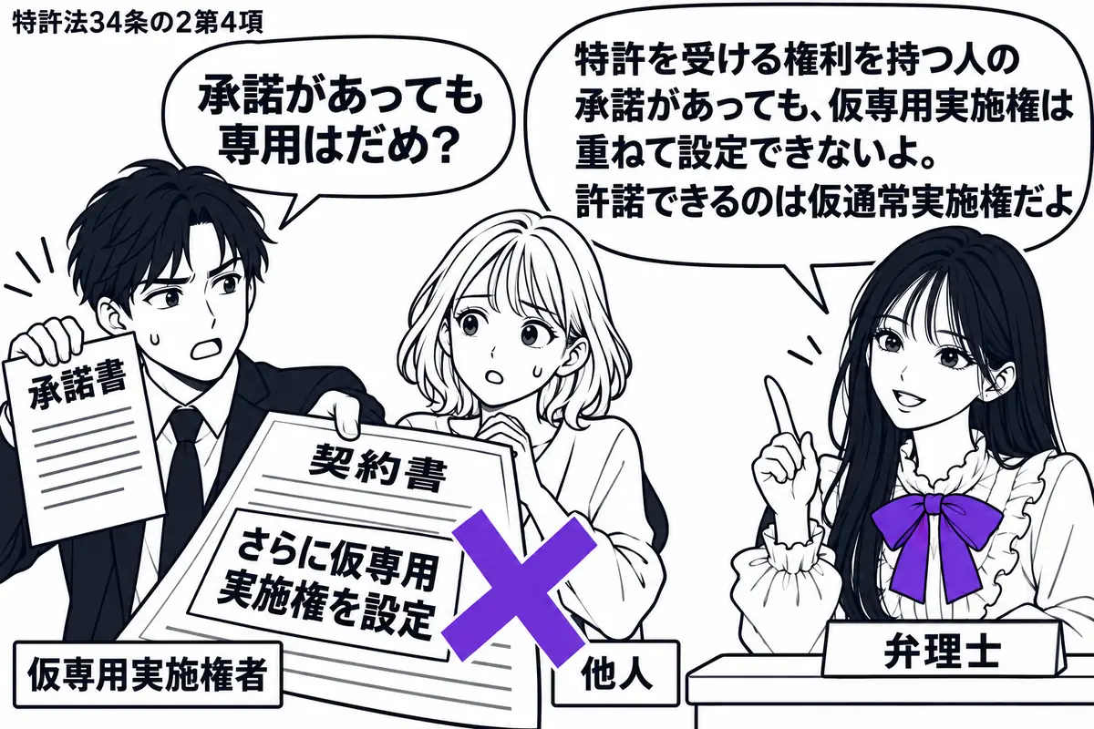 先生が右の机で説明する弁理士役(札「弁理士」)。左の男性(札「仮専用実施権者」)が権利者の承諾書を示し、中央の女性(札「他人」)へ契約書を差し出す。その付箋「さらに仮専用実施権を設定」にヴァイオレットの×印。先生の吹き出し「特許を受ける権利