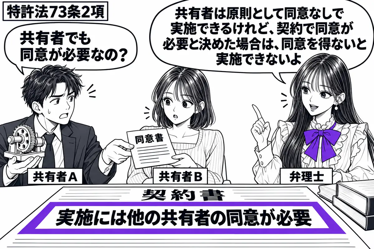 先生が右の相談机にいる弁理士役(札「弁理士」)。左の男性(札「共有者A」)が機械の模型を持ち、中央の女性(札「共有者B」)へ同意書を差し出す。机の契約書の条項「実施には他の共有者の同意が必要」をヴァイオレットの枠で囲む。先生の吹き出し「共有