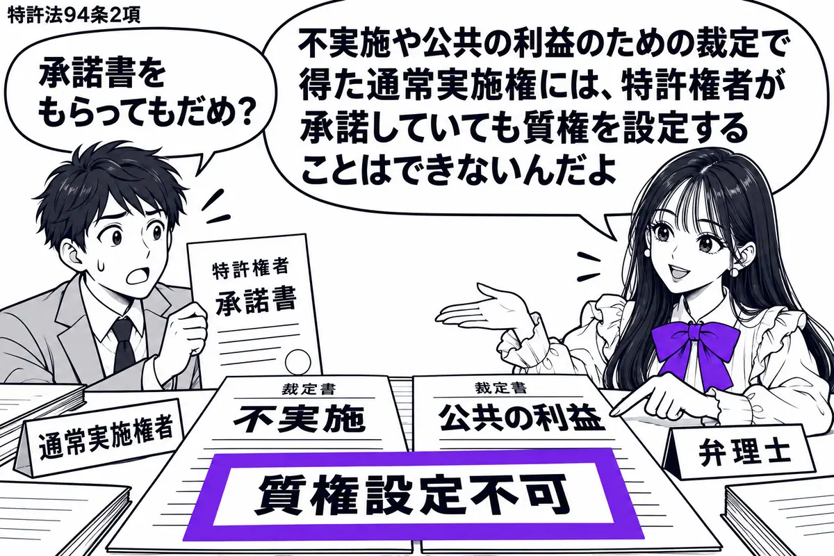先生が右の相談机にいる弁理士役(札「弁理士」)。左の男性(札「通常実施権者」)が特許権者の承諾書を持つ。机には「不実施」「公共の利益」の裁定書を並べ、両方にまたがる「質権設定不可」の付箋をヴァイオレットの枠で囲む。先生の吹き出し「不実施や公