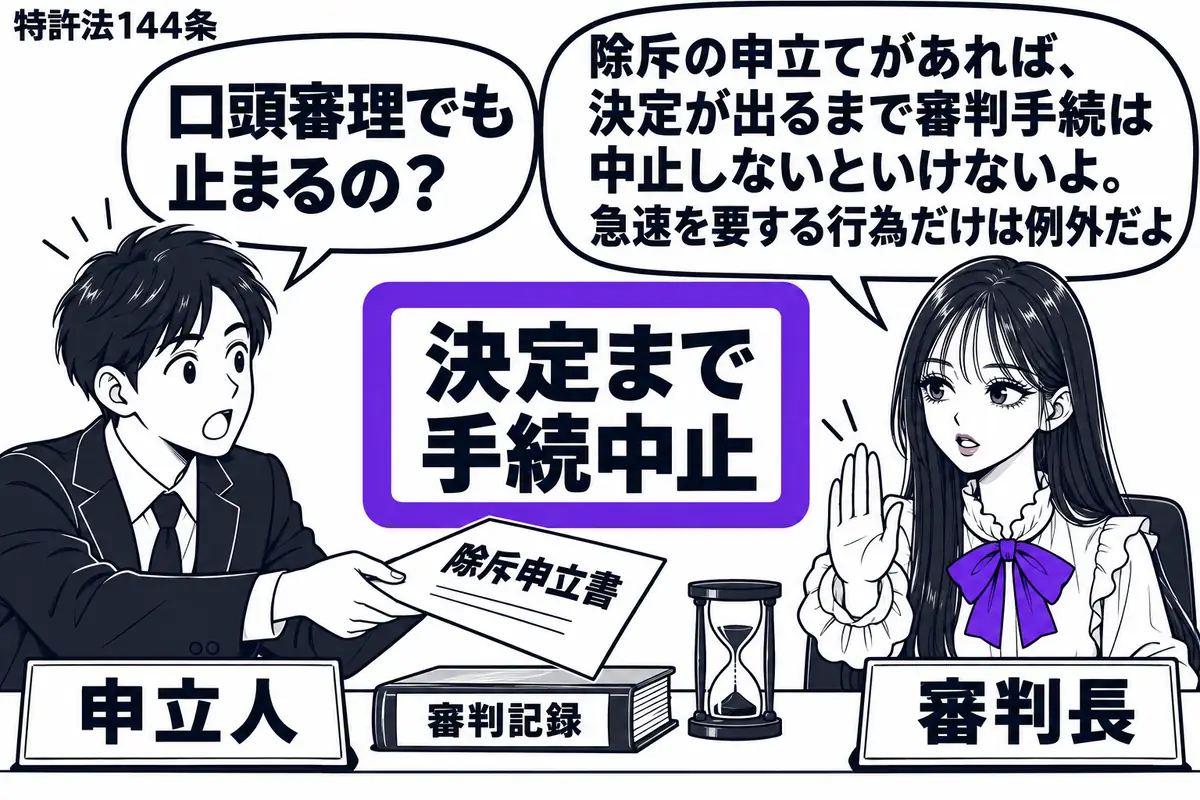 先生が審判室の右で審判長役（札「審判長」）。左の当事者（札「申立人」）が除斥申立書を差し出し、中央の机には閉じた審判記録と砂時計。「決定まで手続中止」の付箋をヴァイオレットの枠で囲み、先生が手のひらを立てて進行を止める。先生の吹き出し「除斥