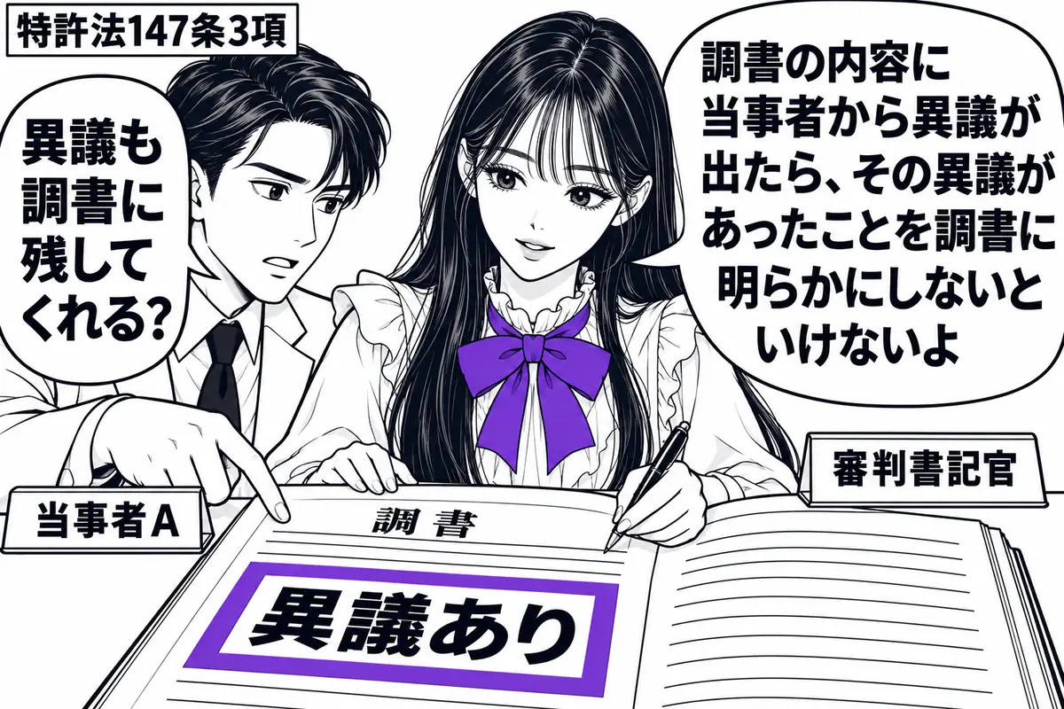 先生が中央の机で審判書記官役（札「審判書記官」）。左の当事者（札「当事者Ａ」）が開いた調書を指し、先生はペンで余白に書き加えている。調書の「異議あり」の欄だけをヴァイオレットの枠で囲み、異議を残す場面にする。先生の吹き出し「調書の内容に当事
