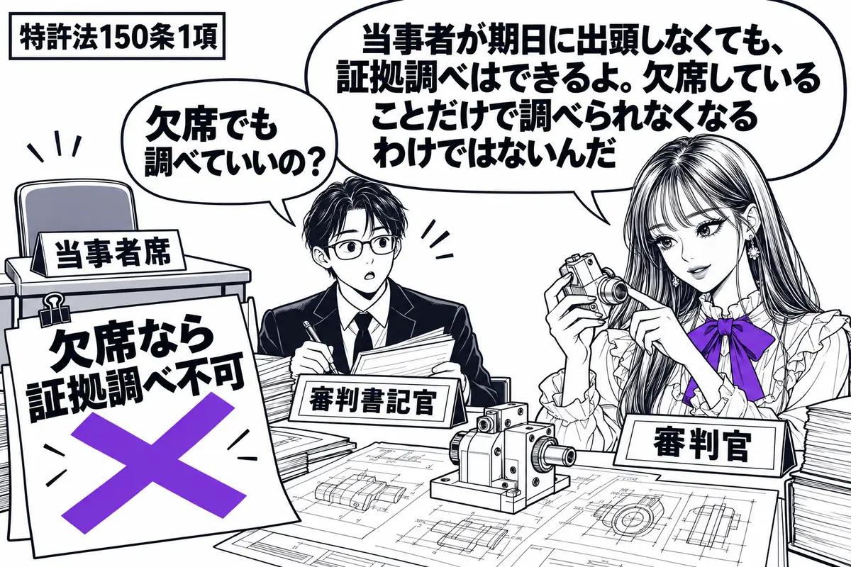 先生が審判室の右で審判官役（札「審判官」）。左には空の当事者席、中央には証拠の試作品と図面を置き、書記官（札「審判書記官」）が記録を取る。「欠席なら証拠調べ不可」の付箋に大きなヴァイオレットの×印。先生は試作品を手に調べている。先生の吹き出