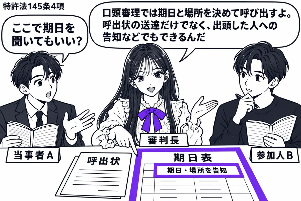 先生が中央で審判長役（札「審判長」）。左に当事者、右に参加人（札「当事者Ａ」「参加人Ｂ」）が座り、先生が机の呼出状と期日表を示す。期日表の「期日・場所を告知」をヴァイオレットの枠で囲み、二人が手帳を開く。先生の吹き出し「口頭審理では期日と場