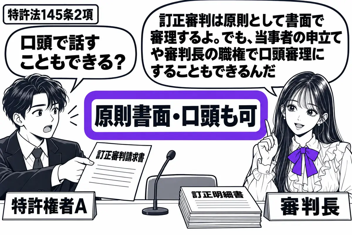 先生が机の右で審判長役（札「審判長」）。左の特許権者（札「特許権者Ａ」）が訂正審判請求書を差し出す。中央には訂正明細書の束と空いた発言席を並べ、「原則書面・口頭も可」の付箋をヴァイオレットの枠で囲む。先生の吹き出し「訂正審判は原則として書面