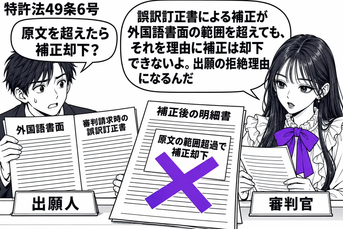 先生が右の審理席で審判官役(札「審判官」)。左の出願人(札「出願人」)が、外国語書面と審判請求時の誤訳訂正書を並べる。補正後の明細書に貼った「原文の範囲超過で補正却下」の付箋にヴァイオレットの×印。先生は原文と補正部分を見比べる。先生の吹き