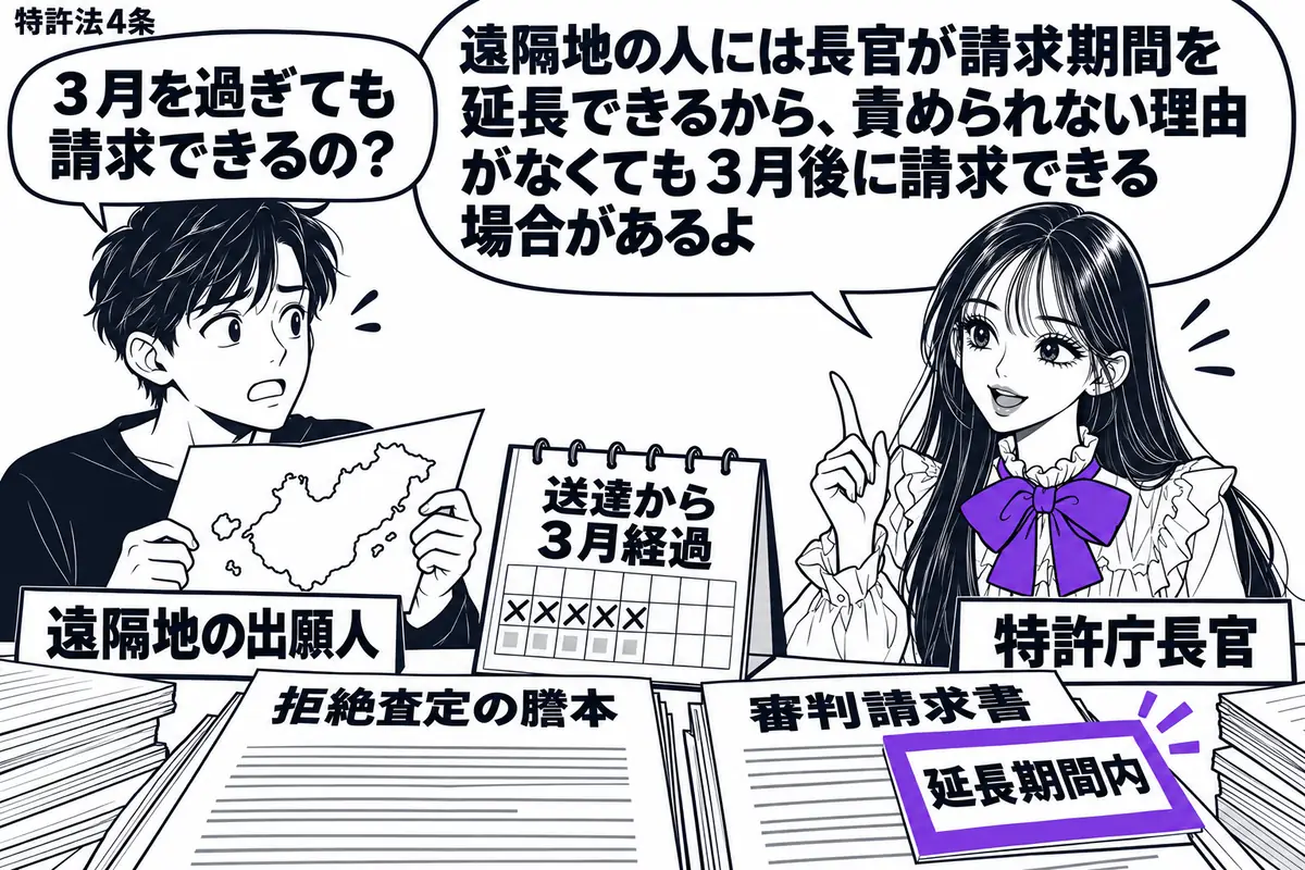 先生が窓口の右で特許庁長官役(札「特許庁長官」)。左に島の地図を持つ男性(札「遠隔地の出願人」)、机には拒絶査定の謄本と審判請求書。謄本の横の暦は送達から3月を過ぎ、請求書に添えた「延長期間内」の付箋をヴァイオレットの枠で囲む。先生の吹き出