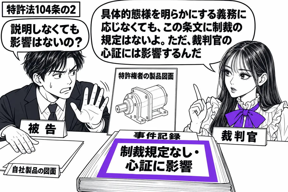 先生が右で裁判官役(札「裁判官」)。左の男性(札「被告」)が特許権者の製品図面を否認しながら、自社製品の図面を伏せている。机の事件記録に貼った「制裁規定なし・心証に影響」の付箋をヴァイオレットの枠で囲み、先生は男性を見つめる。先生の吹き出し