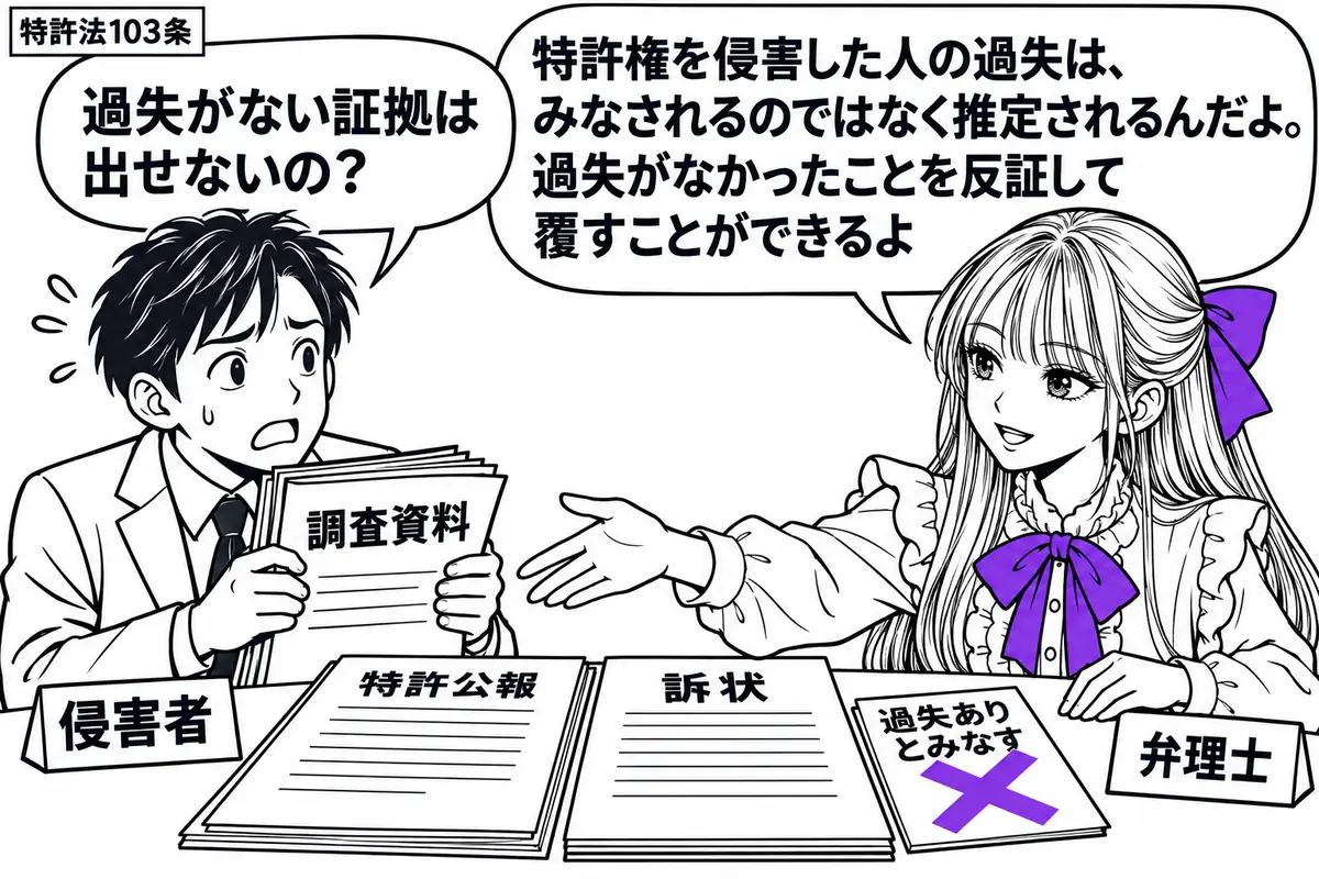 先生が右の相談机で弁理士役(札「弁理士」)。左の男性(札「侵害者」)が調査資料を抱え、机には特許公報と訴状が並ぶ。訴状の横の「過失ありとみなす」の付箋にヴァイオレットの×印。先生は男性の資料を受け取ろうと手を伸ばす。先生の吹き出し「特許権を