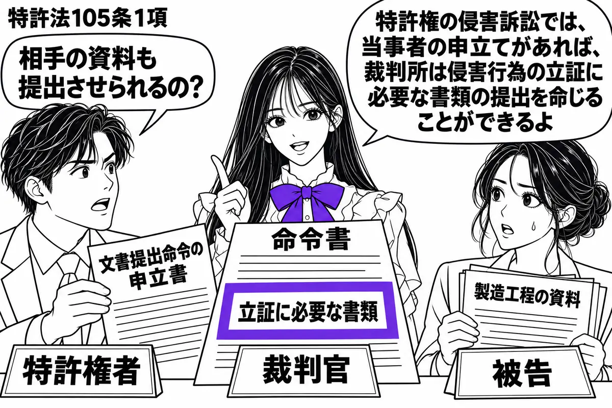 先生が中央の法廷で裁判官役(札「裁判官」)。左の男性(札「特許権者」)が文書提出命令の申立書を差し出し、右の女性(札「被告」)は製造工程の資料を持つ。先生の前の命令書に添えた「立証に必要な書類」の付箋をヴァイオレットの枠で囲む。先生の吹き出