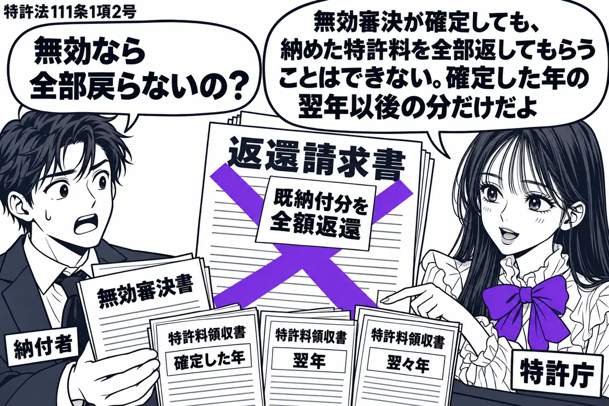 先生が特許庁の窓口役(札「特許庁」)で右側。左の男性(札「納付者」)が無効審決書と特許料の領収書の束を差し出す。中央の返還請求書に貼られた「既納付分を全額返還」の付箋に大きなヴァイオレットの×印。先生は年ごとに分かれた領収書を指している。先