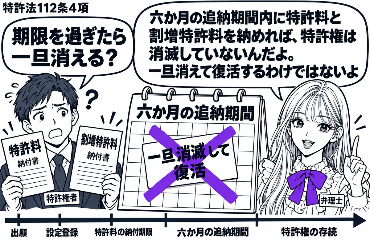 先生が弁理士役(札「弁理士」)で右側。左の男性(札「特許権者」)が特許料と割増特許料の納付書を持つ。中央に六か月の追納期間を示す暦と、途切れず続く墨色の時間線。暦に貼った「一旦消滅して復活」の付箋にヴァイオレットの×印。先生の吹き出し「六か