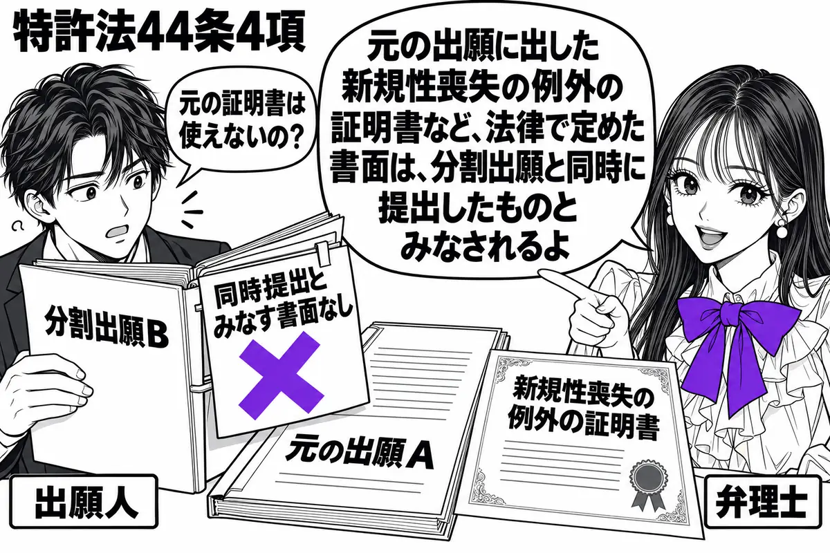 先生が弁理士役(札「弁理士」)で右側。左の男性(札「出願人」)が分割出願Bの願書を開く。中央に元の出願Aのファイルと新規性喪失の例外の証明書。Bの願書に貼った「同時提出とみなす書面なし」の付箋に大きなヴァイオレットの×印。先生の吹き出し「元