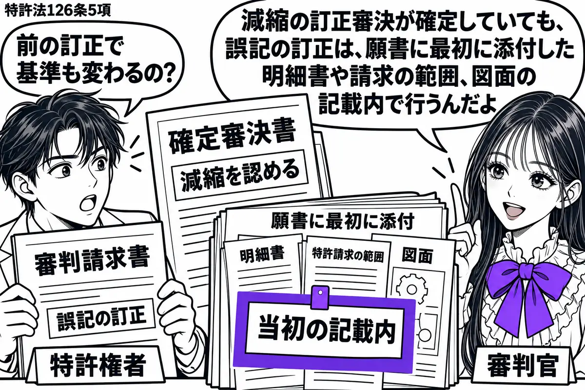 先生が審判官役（札「審判官」）で右側。左の男性（札「特許権者」）が誤記訂正の審判請求書を持つ。中央に減縮を認めた確定審決書と、願書に最初に添付した明細書・特許請求の範囲・図面の束。その束に付けた「当初の記載内」の付箋をヴァイオレットの枠で囲