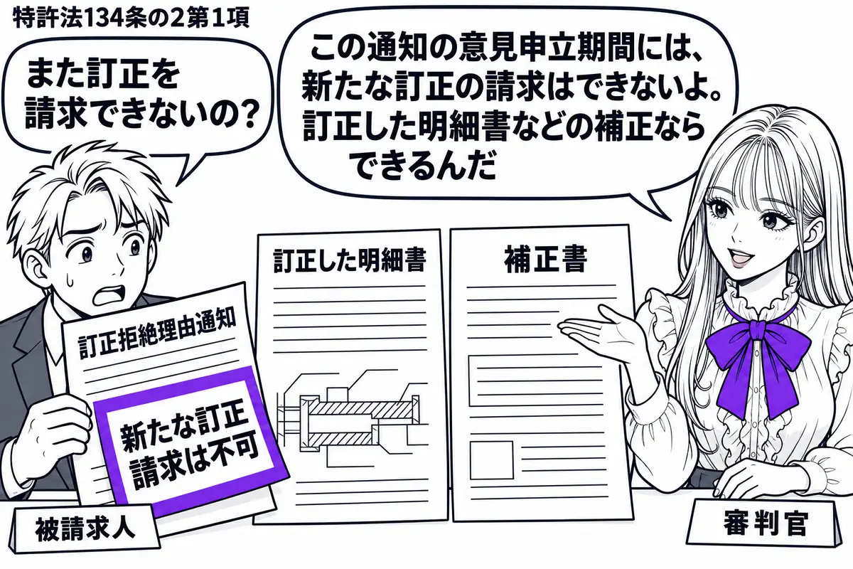 先生が審判官役(札「審判官」)で机の右。左の男性(札「被請求人」)が「訂正拒絶理由通知」を開き、中央に訂正した明細書と補正書を並べている。通知に添えた付箋「新たな訂正請求は不可」をヴァイオレットの枠で囲む。先生の吹き出し「この通知の意見申立