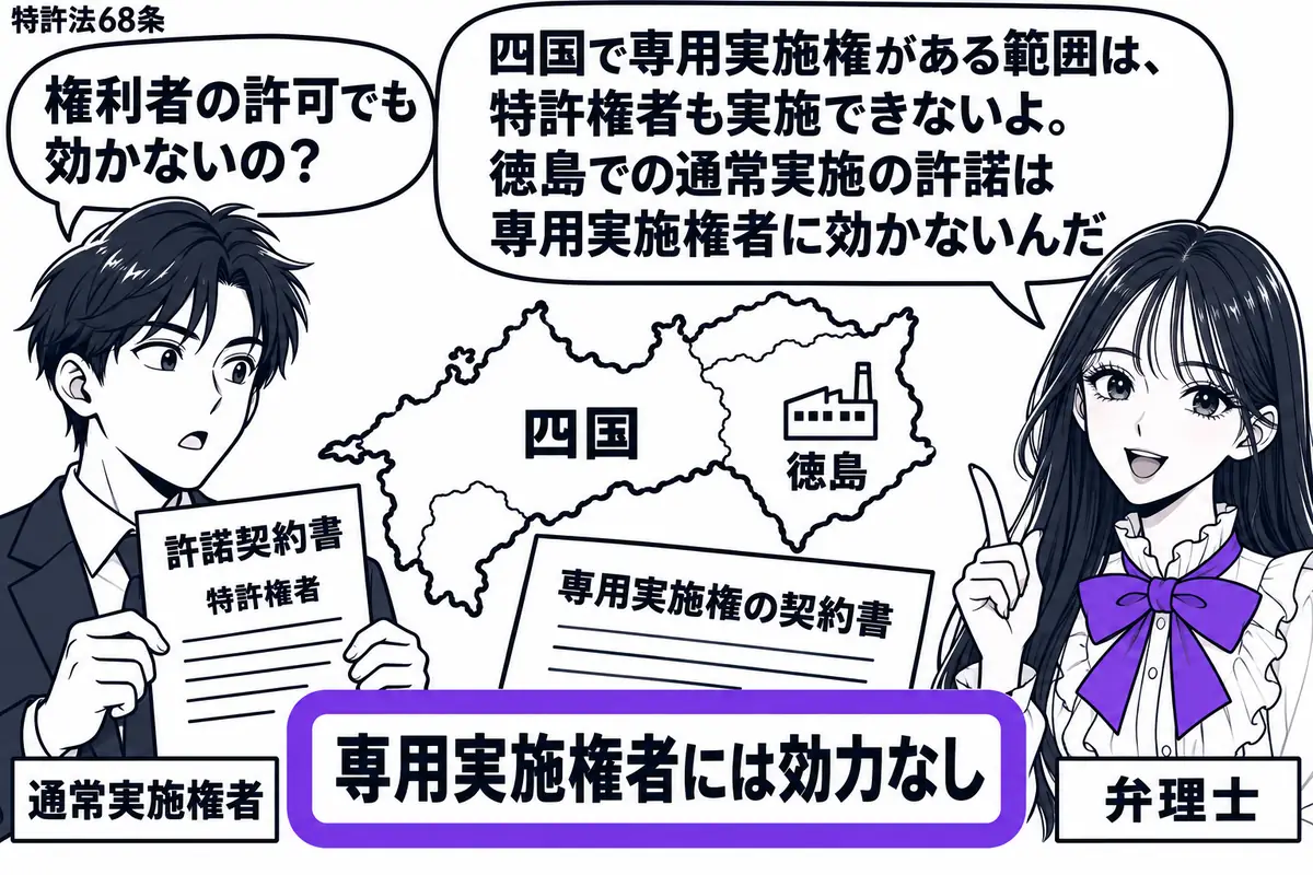 先生が弁理士役(札「弁理士」)で右。左の男性(札「通常実施権者」)が特許権者からの許諾契約書を持つ。中央の四国の地図では徳島に工場を置き、専用実施権の契約書に添えた「専用実施権者には効力なし」をヴァイオレットの枠で囲む。先生の吹き出し「四国