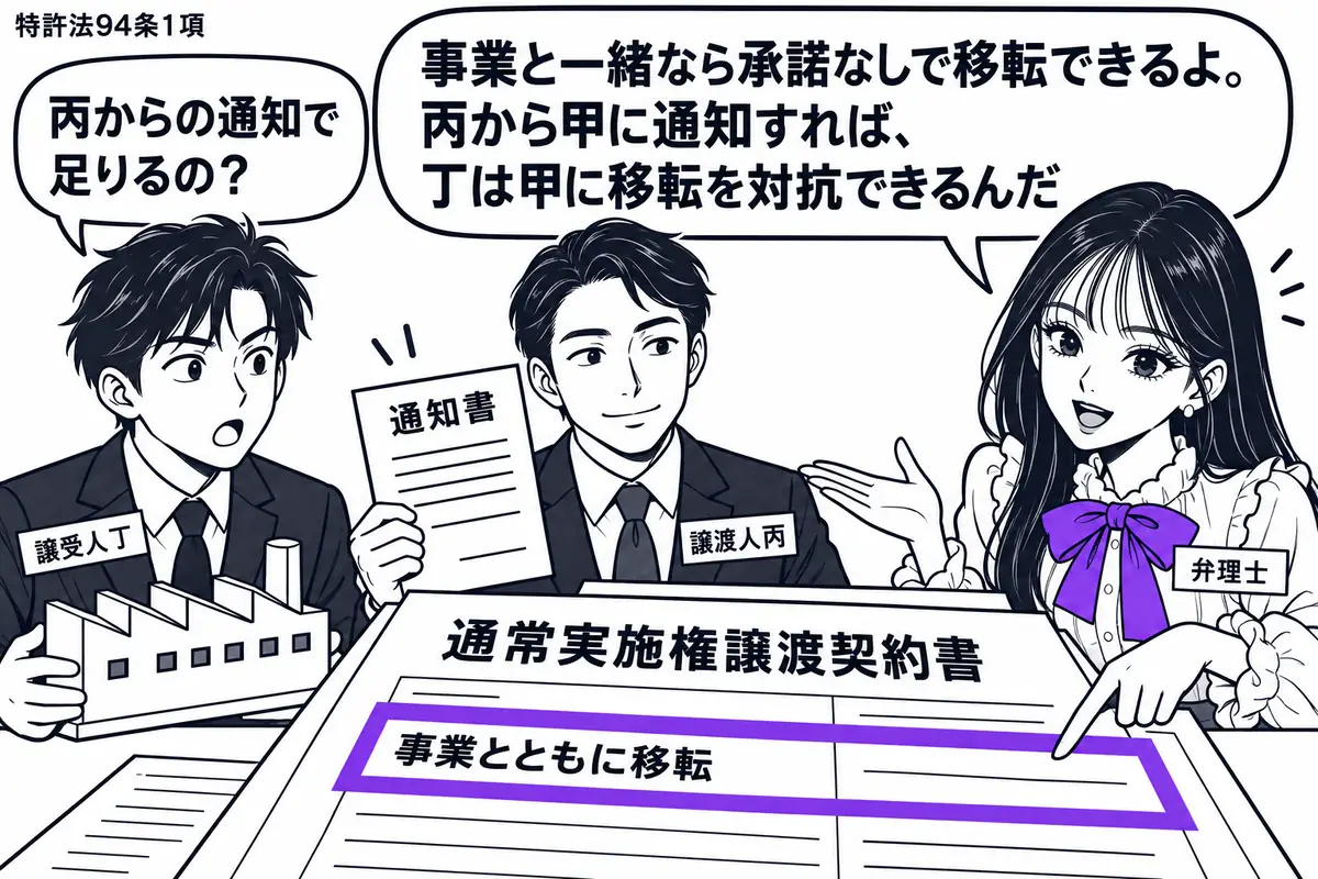 先生が右の相談机に立つ弁理士役(札「弁理士」)。左に工場の模型を抱える男性(札「譲受人丁」)、中央に通知書を持つ男性(札「譲渡人丙」)。机の「通常実施権譲渡契約書」に工場の模型を添え、「事業とともに移転」の欄をヴァイオレットの枠で囲む。先生