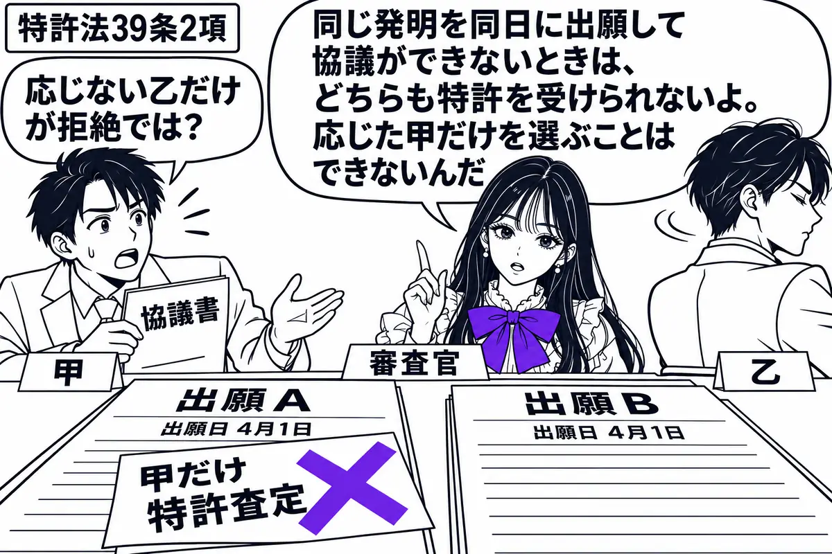 先生が中央の審査机に座る審査官役(札「審査官」)。左に協議書を持つ男性(札「甲」)、右に背を向ける男性(札「乙」)。同じ日付の出願A・Bの願書を並べ、Aの付箋「甲だけ特許査定」にヴァイオレットの×印。先生の吹き出し「同じ発明を同日に出願して